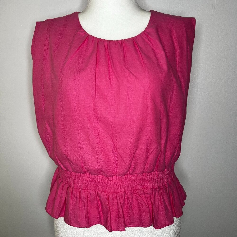Express Women's Blouse Large Pink Peplum‎ Boxy Cotton Keyhole Coquette Cottage